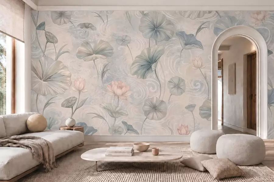 wall murals Велики листови и ружичасти цветови на бледој позадини w05808