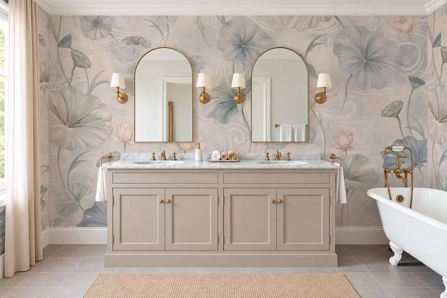 wall murals Велики листови и ружичасти цветови на бледој позадини w05808