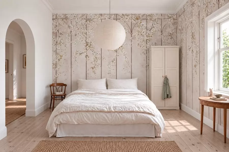 wall murals Цветајуће беле гране на декоративној решетки w05923