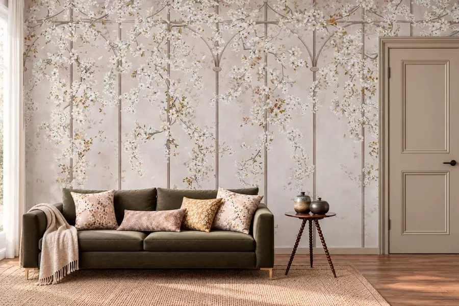 wall murals Цветајуће беле гране на декоративној решетки w05923