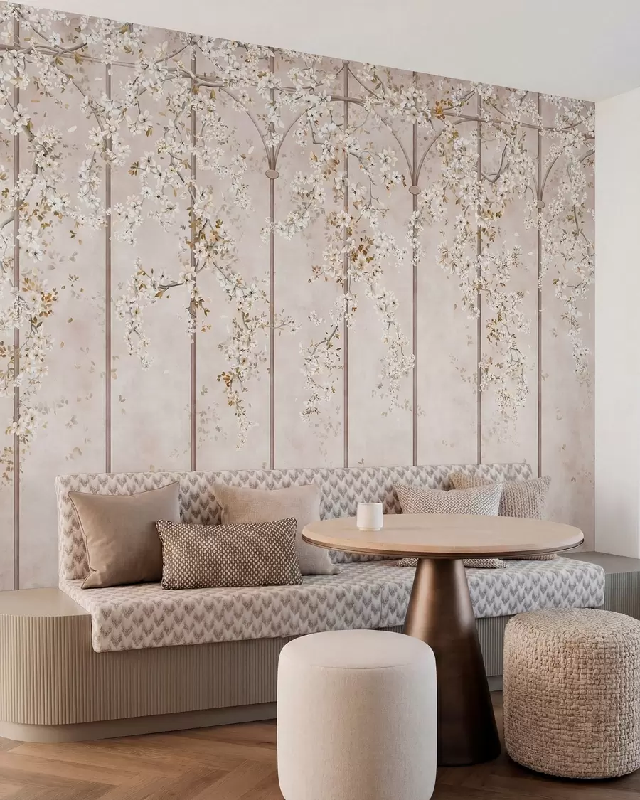 wall murals Цветајуће беле гране на декоративној решетки w05923