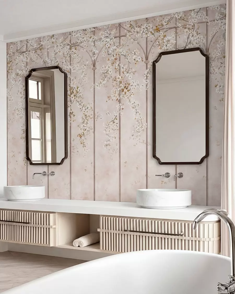 wall murals Цветајуће беле гране на декоративној решетки w05923