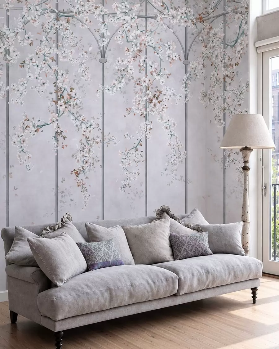 wall murals Беле цветне гране на плавој и сивој декоративној решетки w05923v1