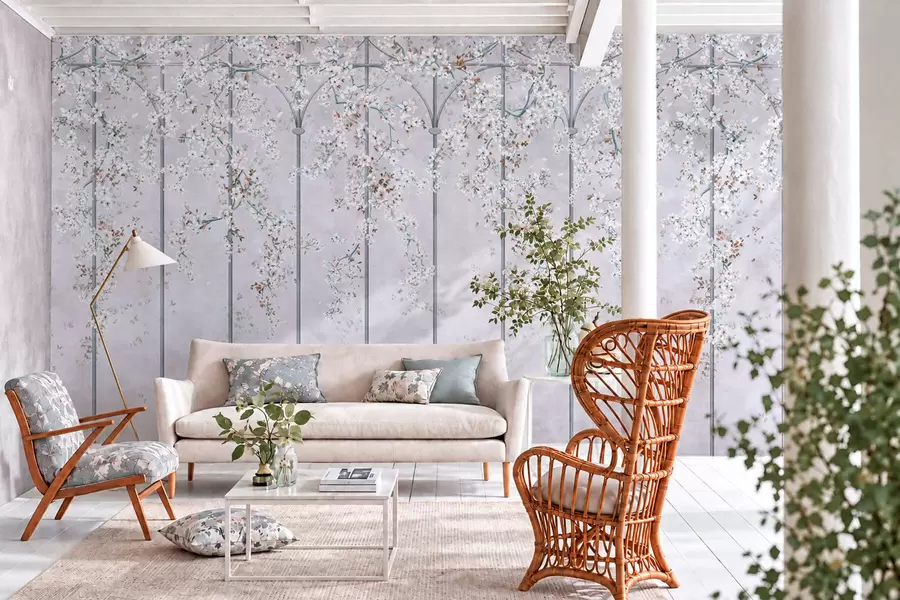 wall murals Беле цветне гране на плавој и сивој декоративној решетки w05923v1
