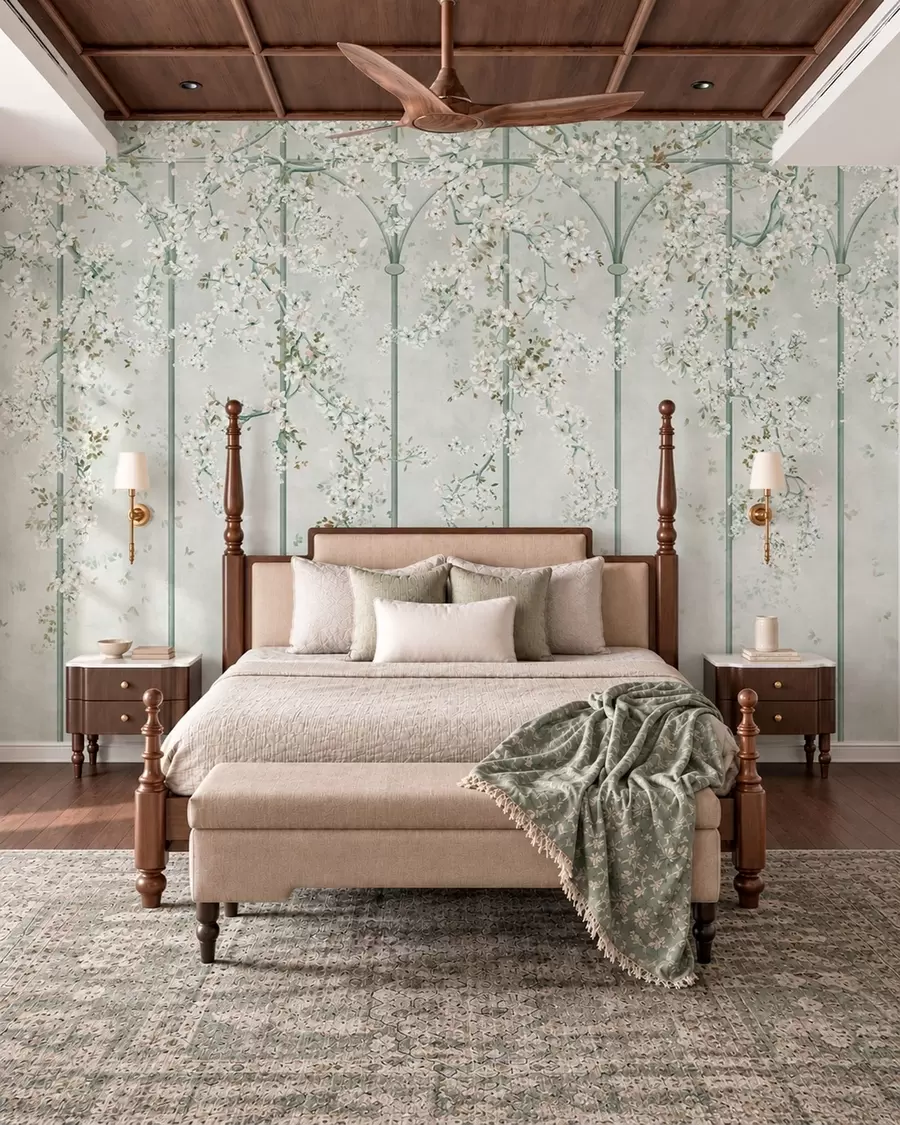 wall murals Беле цветне гране на зеленој декоративној решетки w05923v2