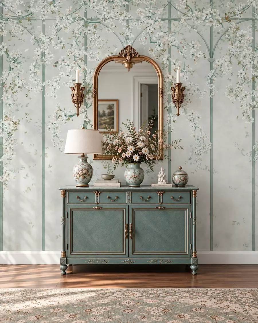 wall murals Беле цветне гране на зеленој декоративној решетки w05923v2