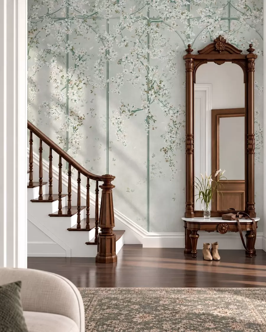 wall murals Беле цветне гране на зеленој декоративној решетки w05923v2