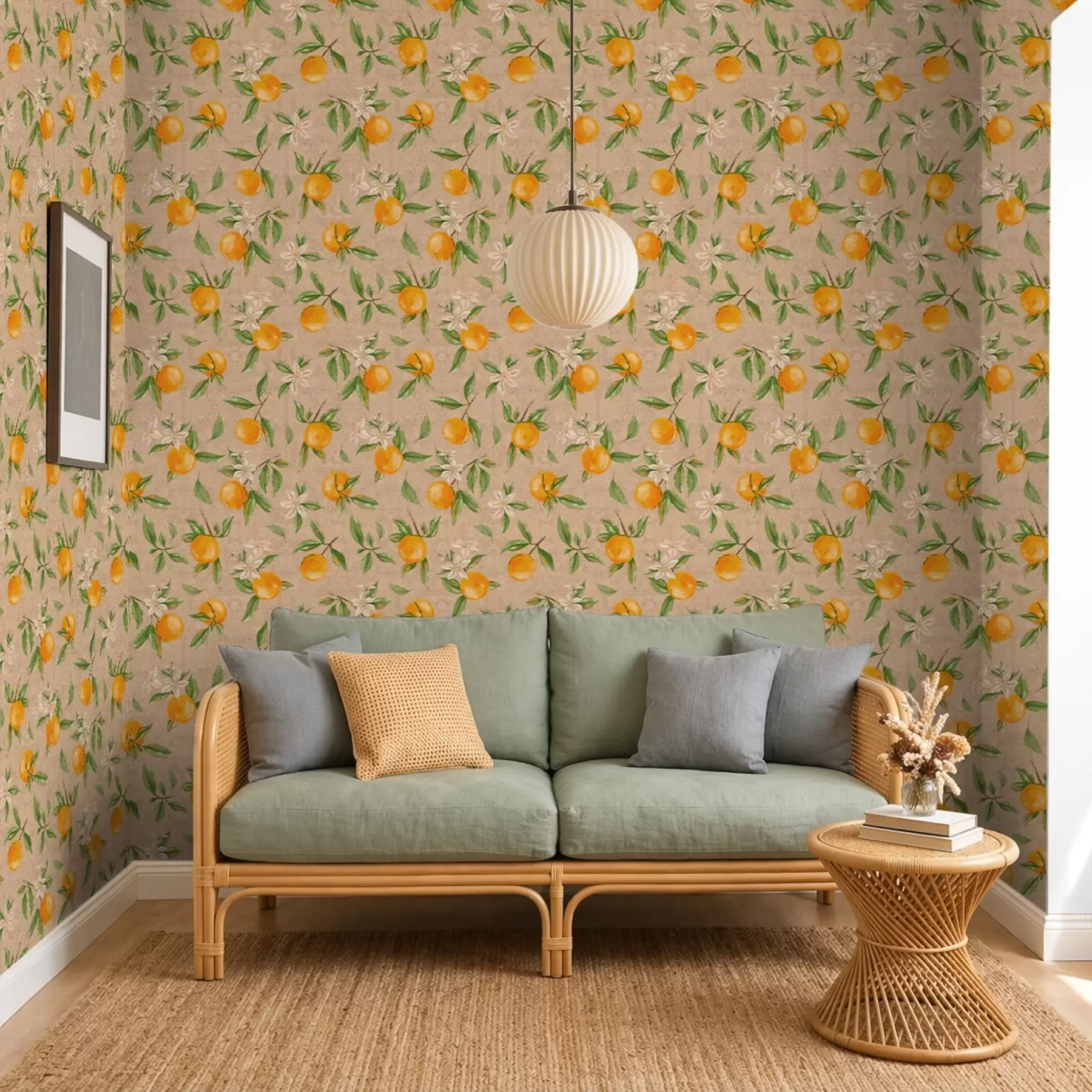 wall murals Поморанџе, зелено лишће и бело цвеће a01264