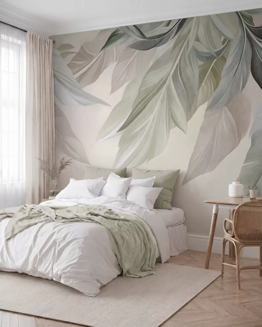 wall murals Тропско, велико, пригушено зелено, беж и ружичасто лишће, светла, текстурирана позадина w10054