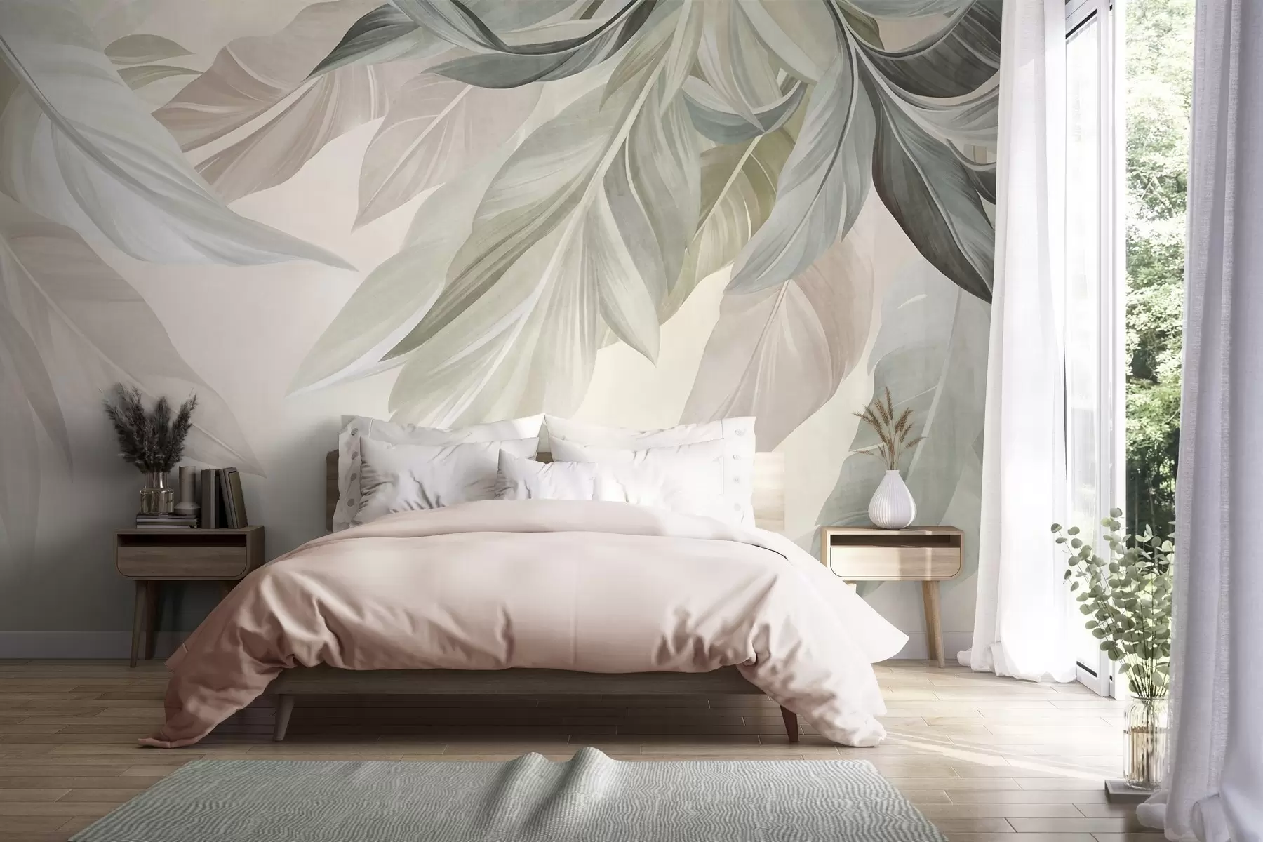 wall murals Тропско, велико, пригушено зелено, беж и ружичасто лишће, светла, текстурирана позадина w10054