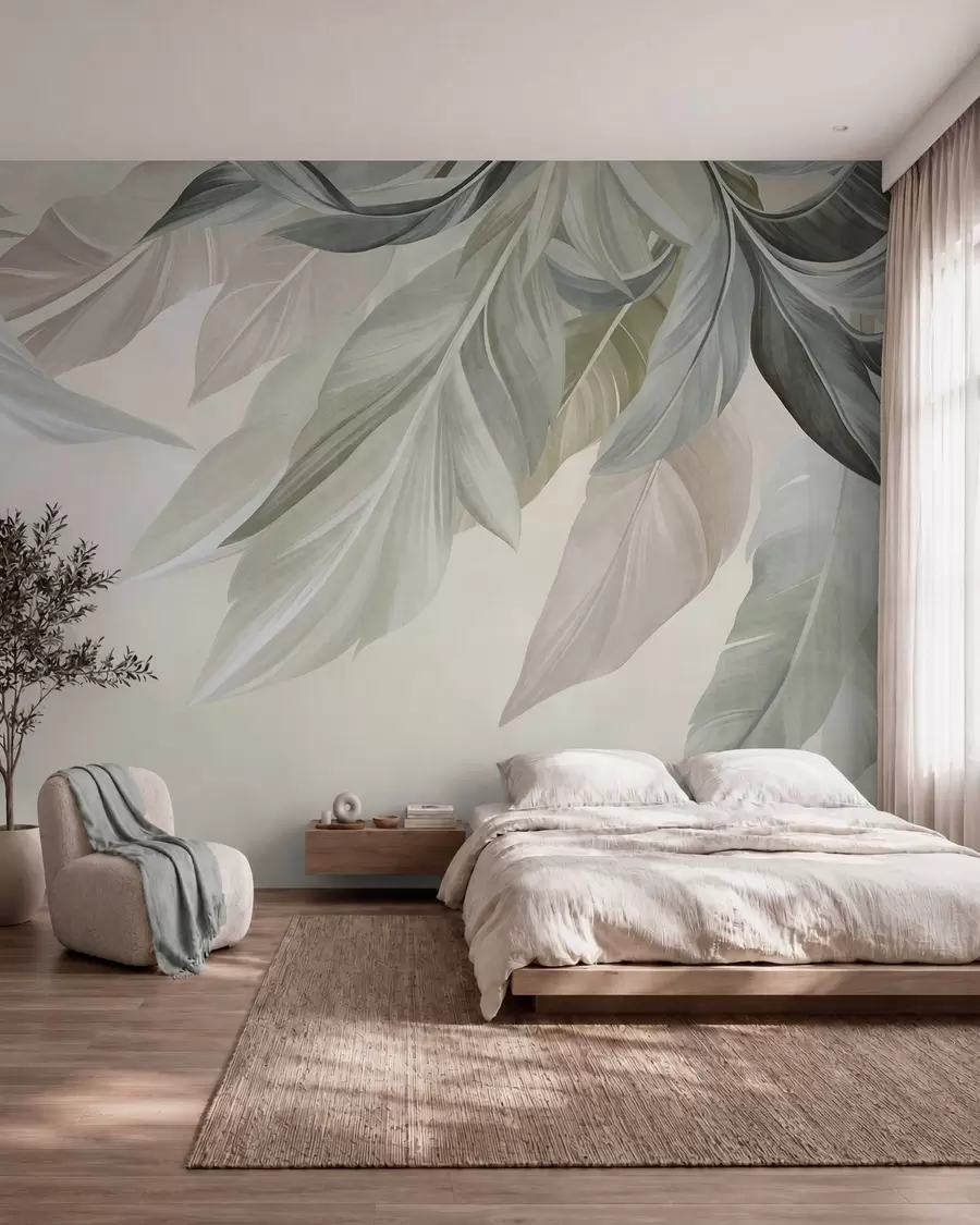 wall murals Тропско, велико, пригушено зелено, беж и ружичасто лишће, светла, текстурирана позадина w10054