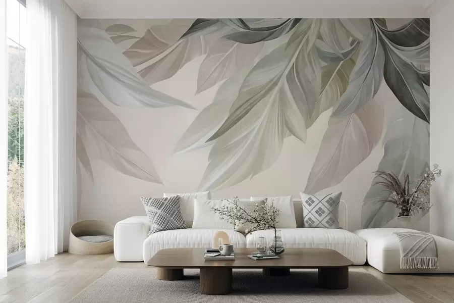 wall murals Тропско, велико, пригушено зелено, беж и ружичасто лишће, светла, текстурирана позадина w10054