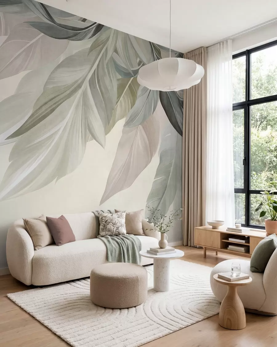 wall murals Тропско, велико, пригушено зелено, беж и ружичасто лишће, светла, текстурирана позадина w10054