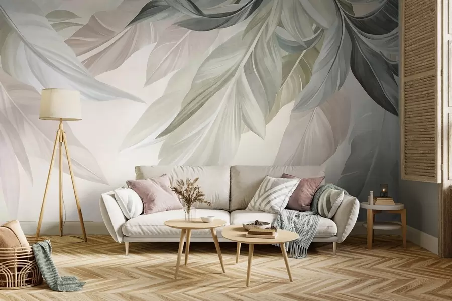 wall murals Тропско, велико, пригушено зелено, беж и ружичасто лишће, светла, текстурирана позадина w10054