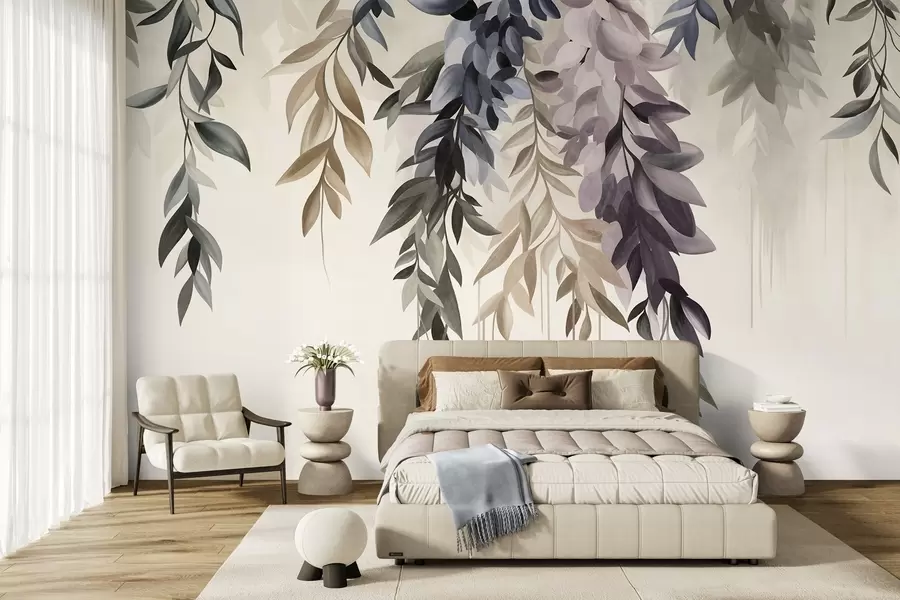 wall murals Висеће апстрактно лишће у нијансама љубичасте, плаве и беж, са дугим, танким стабљикама w10057
