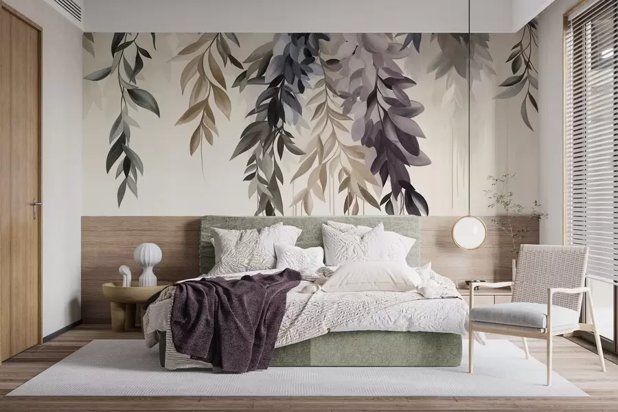wall murals Висеће апстрактно лишће у нијансама љубичасте, плаве и беж, са дугим, танким стабљикама w10057