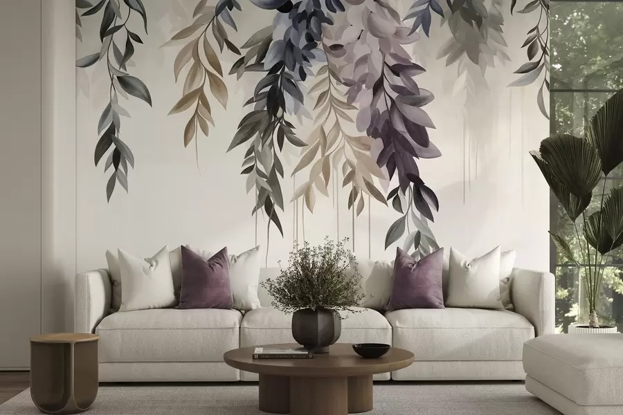 wall murals Висеће апстрактно лишће у нијансама љубичасте, плаве и беж, са дугим, танким стабљикама w10057