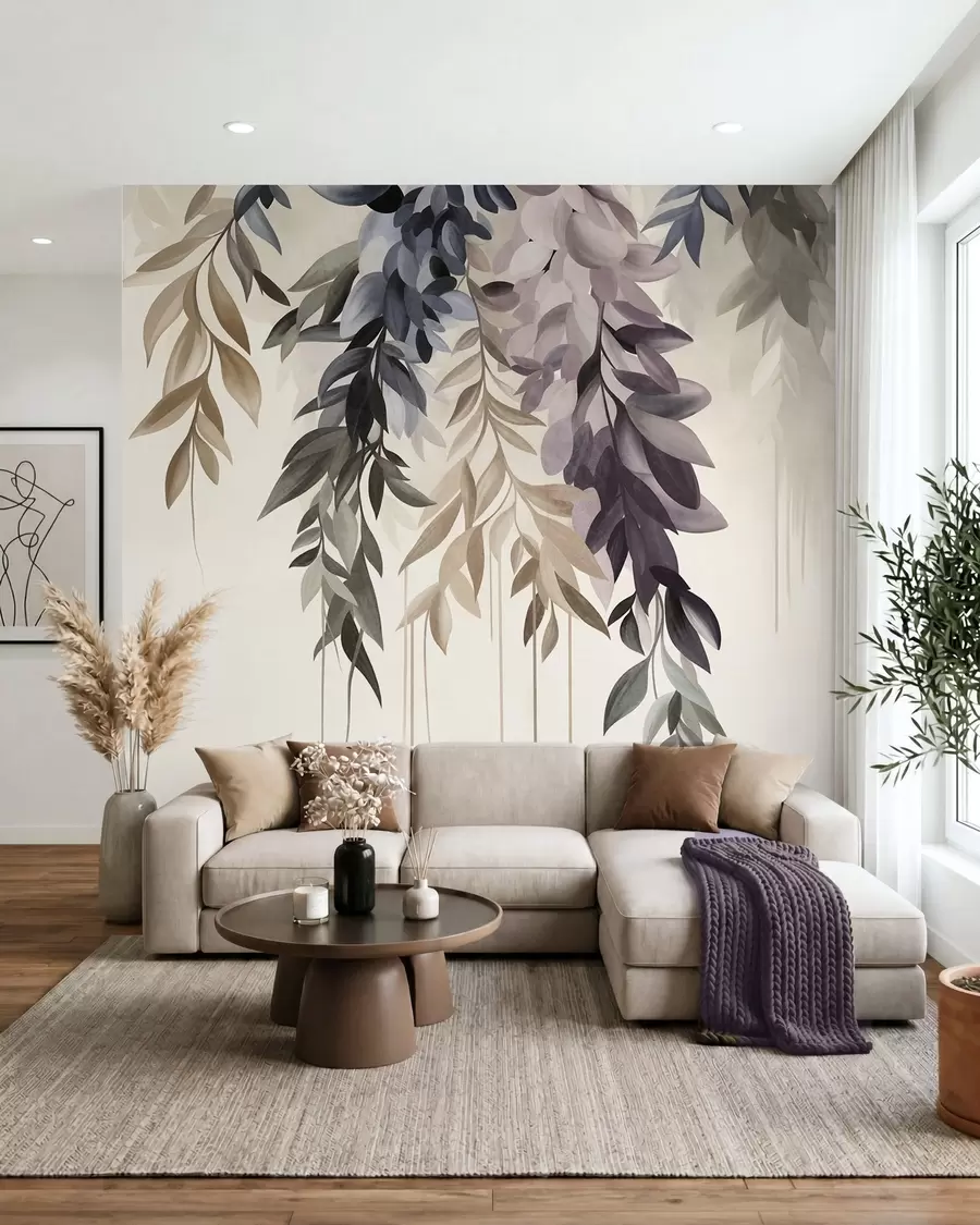 wall murals Висеће апстрактно лишће у нијансама љубичасте, плаве и беж, са дугим, танким стабљикама w10057