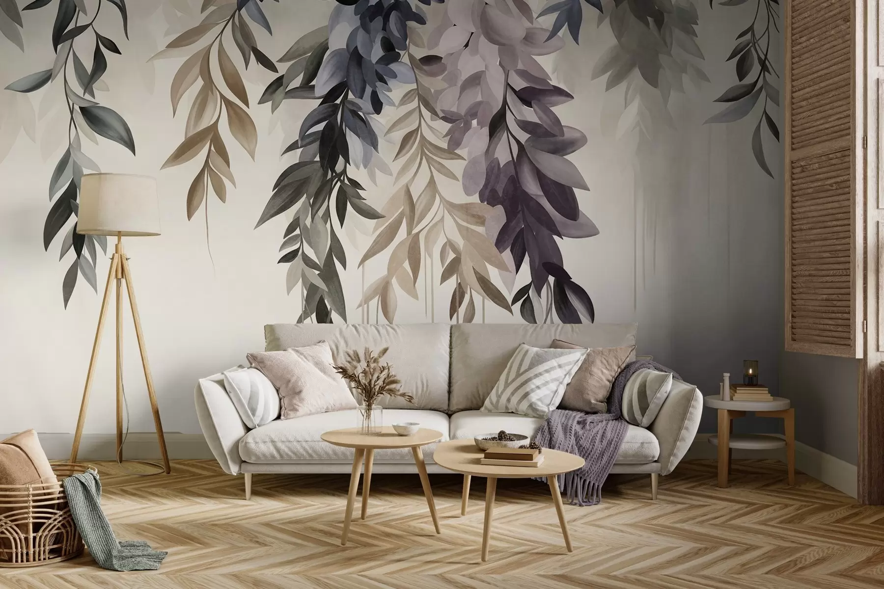 wall murals Висеће апстрактно лишће у нијансама љубичасте, плаве и беж, са дугим, танким стабљикама w10057