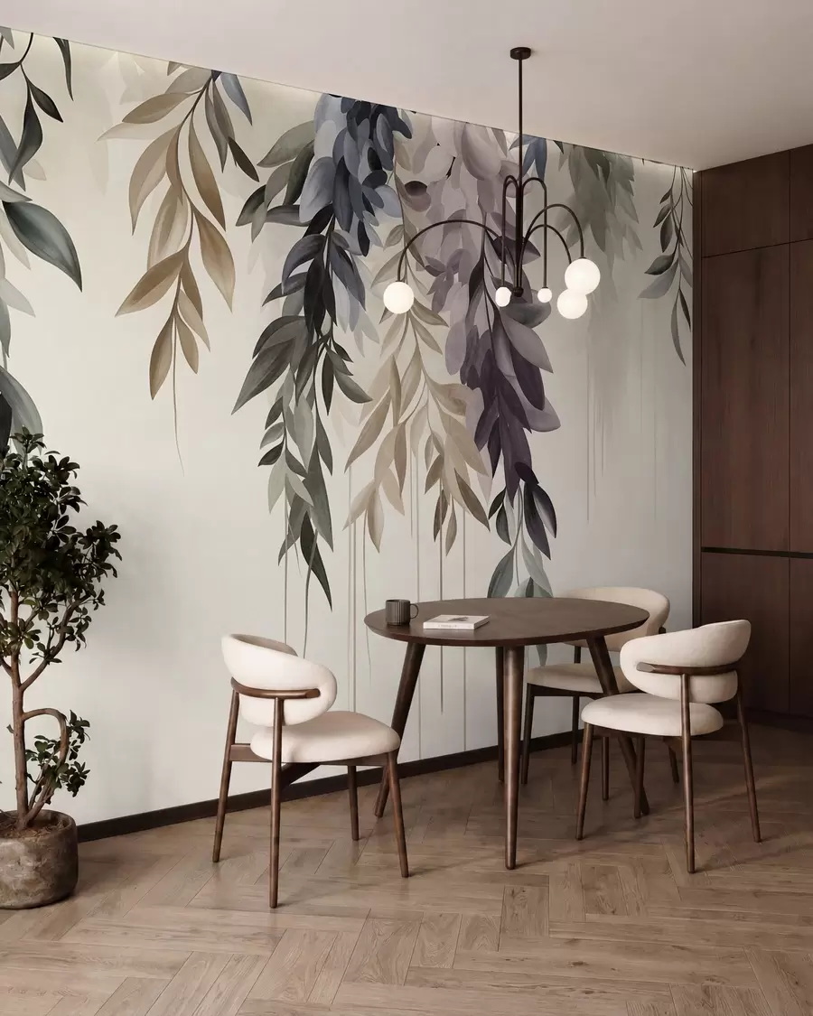 wall murals Висеће апстрактно лишће у нијансама љубичасте, плаве и беж, са дугим, танким стабљикама w10057