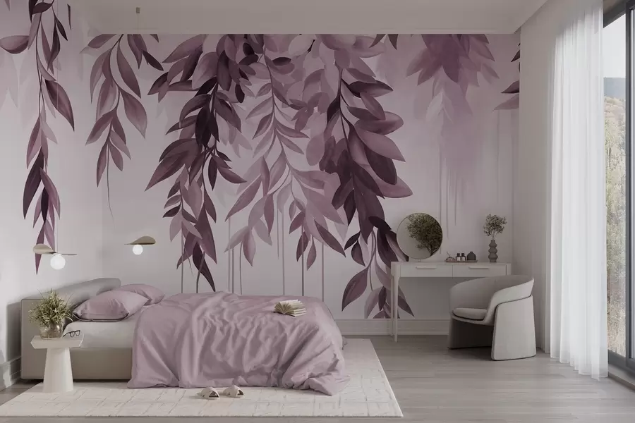 wall murals Висеће апстрактно лишће у нијансама љубичасте и ружичасте, са дугим, танким стабљикама w10057v1