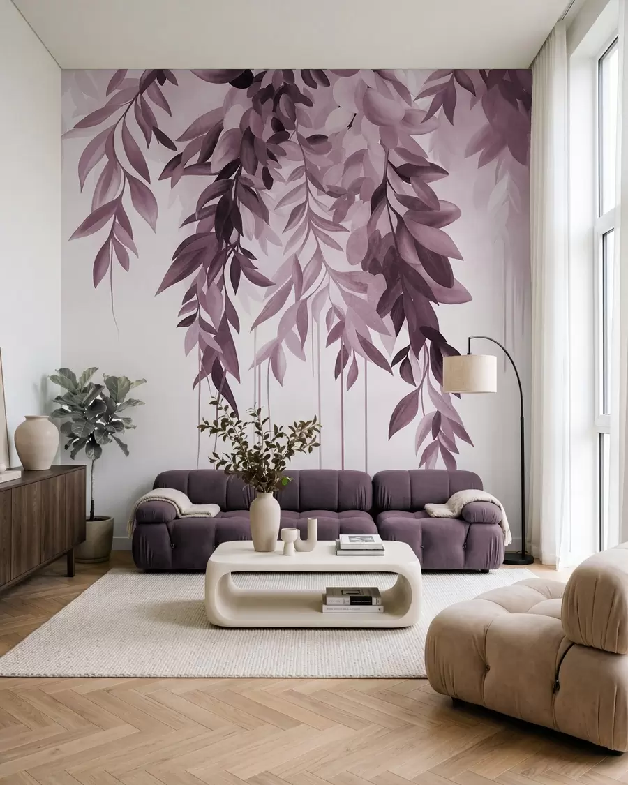 wall murals Висеће апстрактно лишће у нијансама љубичасте и ружичасте, са дугим, танким стабљикама w10057v1