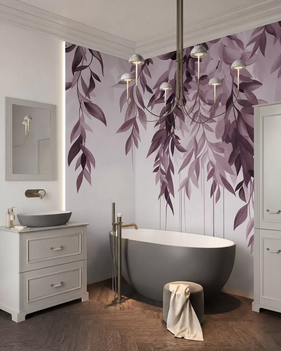wall murals Висеће апстрактно лишће у нијансама љубичасте и ружичасте, са дугим, танким стабљикама w10057v1