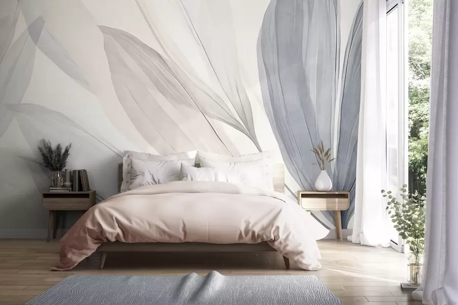 wall murals Апстрактни провидни листови у пастелно ружичастим, беж и плавим нијансама, текстурирана позадина w10063