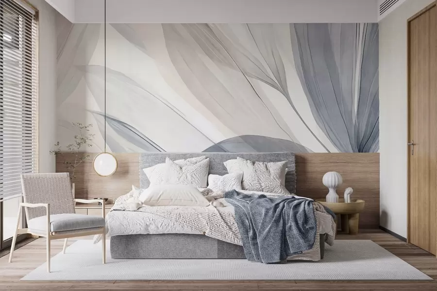 wall murals Апстрактни провидни листови у пастелно ружичастим, беж и плавим нијансама, текстурирана позадина w10063