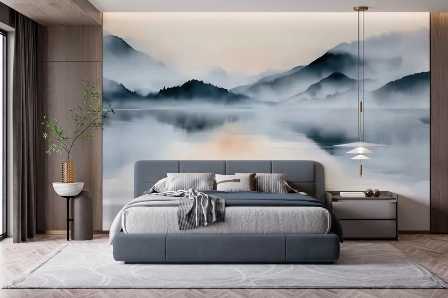 wall murals Језеро смештено уз позадину магловитих планина, у акварелном стилу w10078