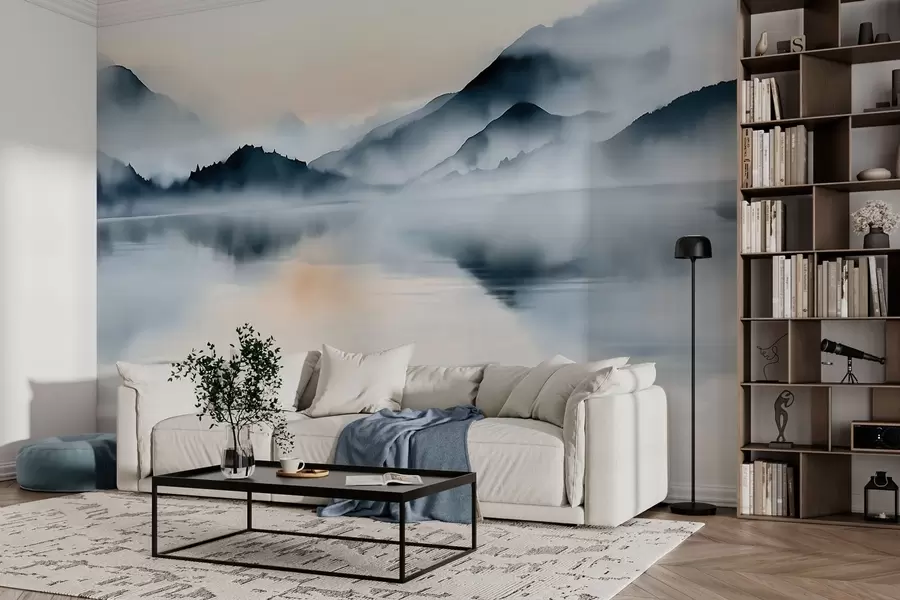 wall murals Језеро смештено уз позадину магловитих планина, у акварелном стилу w10078