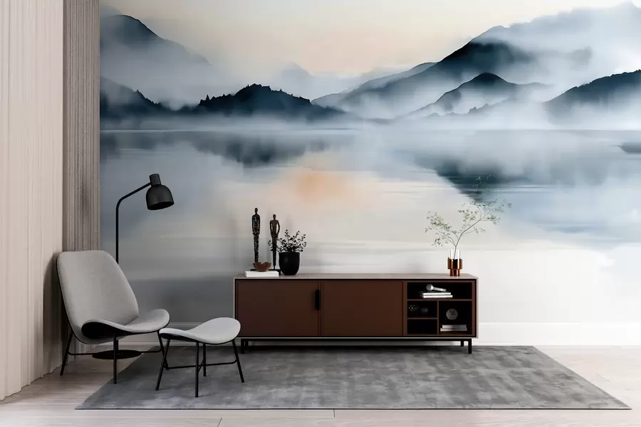 wall murals Језеро смештено уз позадину магловитих планина, у акварелном стилу w10078
