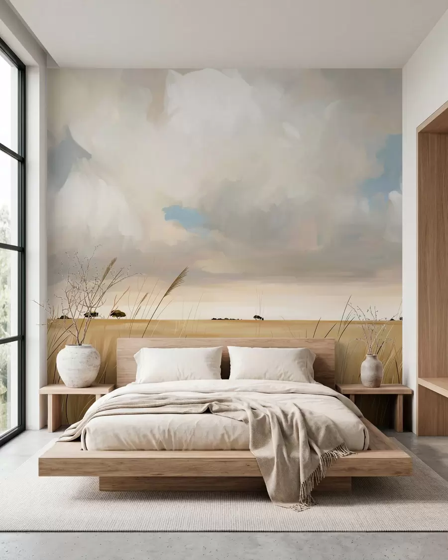 wall murals Панорамски поглед на огромно жуто поље траве под облачним небом w10079