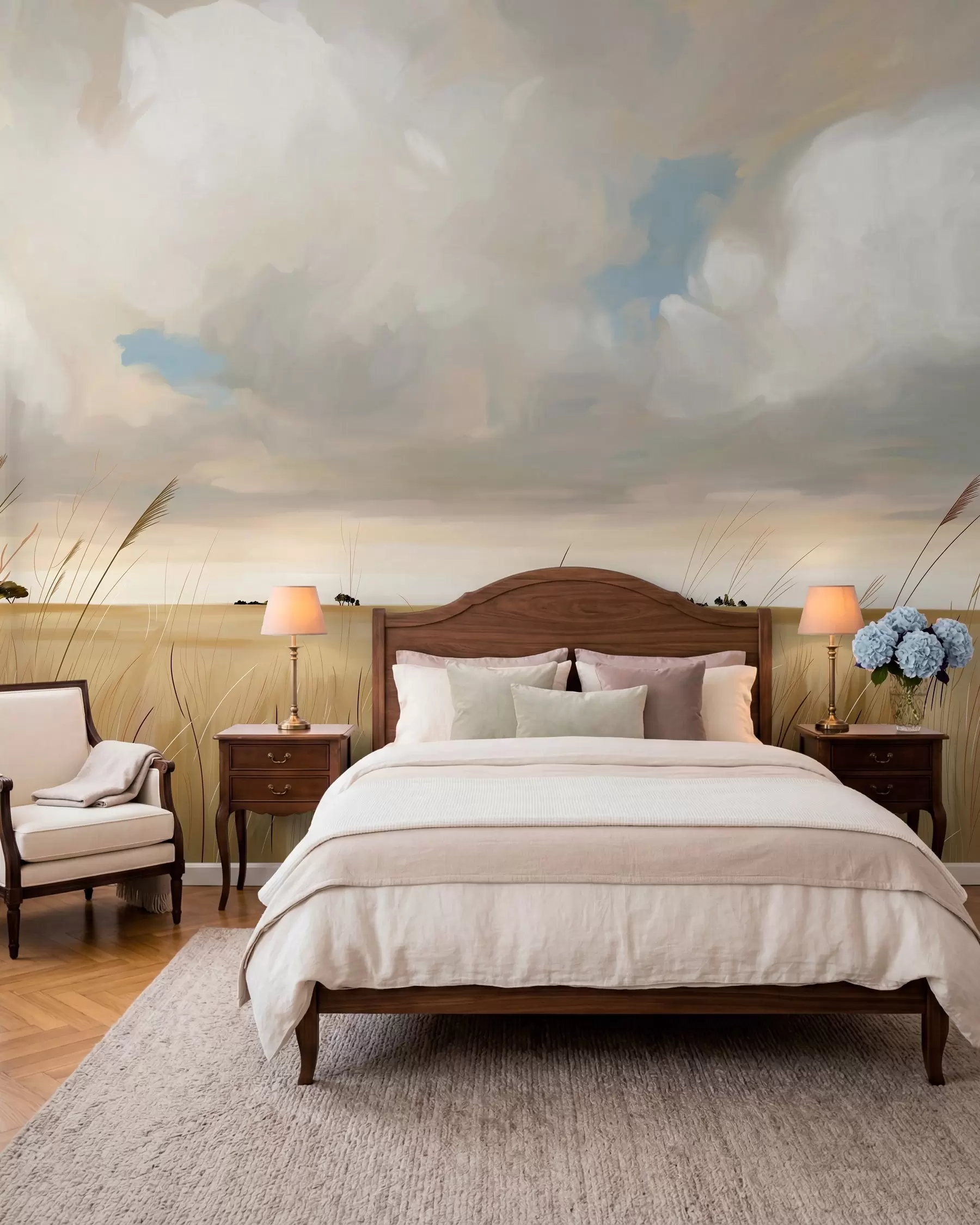 wall murals Панорамски поглед на огромно жуто поље траве под облачним небом w10079