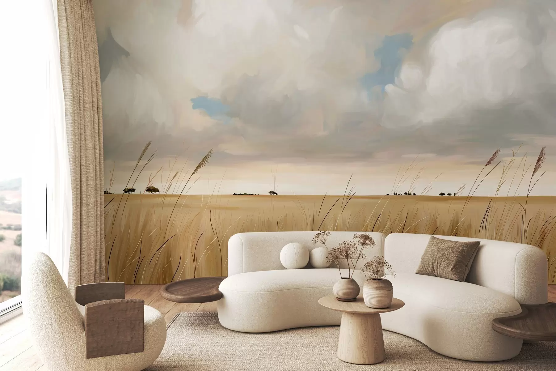 wall murals Панорамски поглед на огромно жуто поље траве под облачним небом w10079
