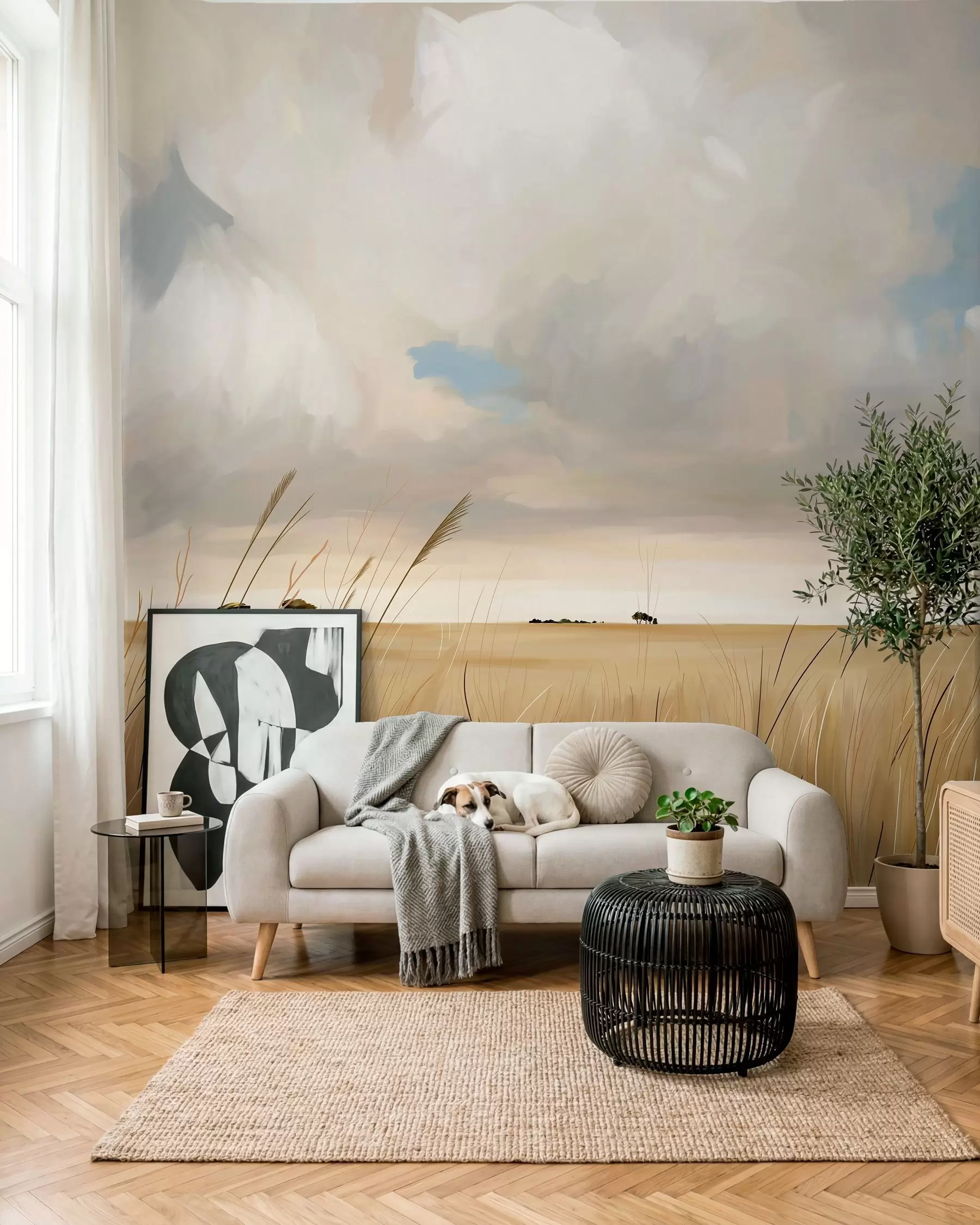wall murals Панорамски поглед на огромно жуто поље траве под облачним небом w10079
