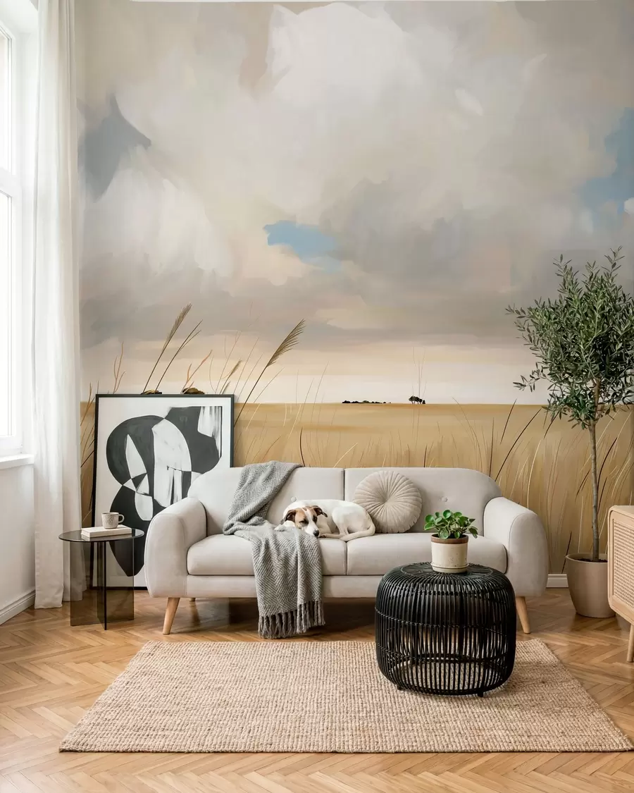 wall murals Панорамски поглед на огромно жуто поље траве под облачним небом w10079