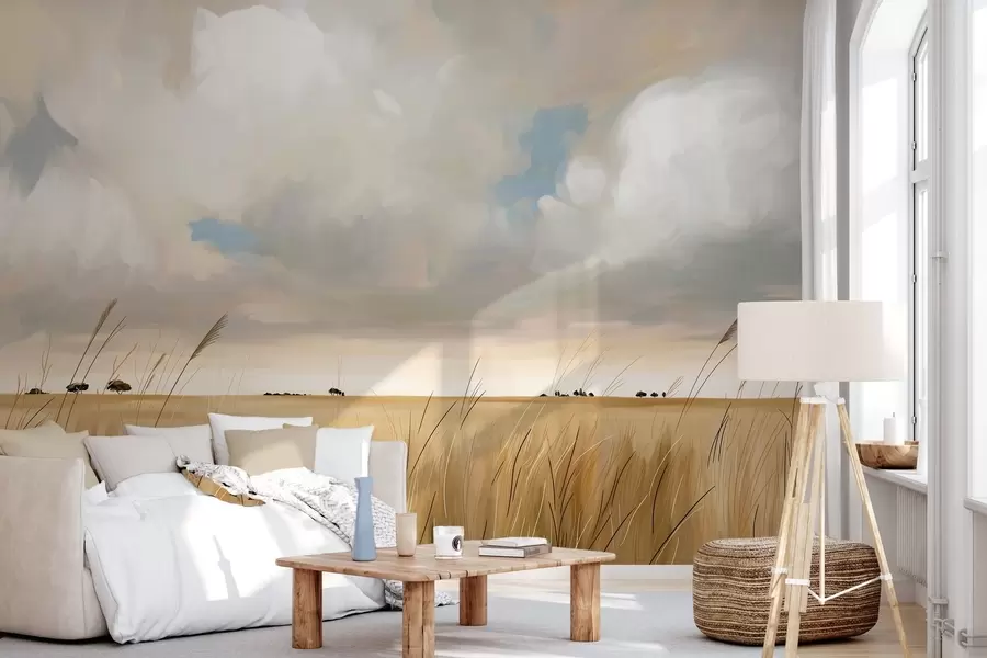 wall murals Панорамски поглед на огромно жуто поље траве под облачним небом w10079