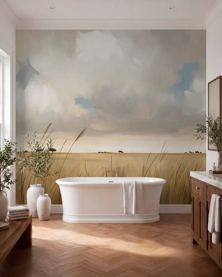 wall murals Панорамски поглед на огромно жуто поље траве под облачним небом w10079
