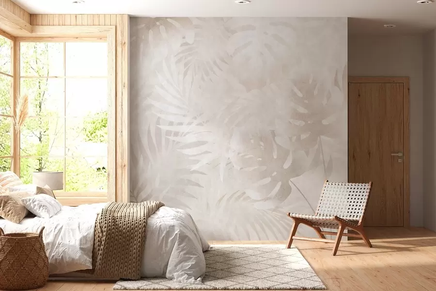 wall murals Тропско лишће са гранџ ефектом у прашкастим беж тоновима w10080