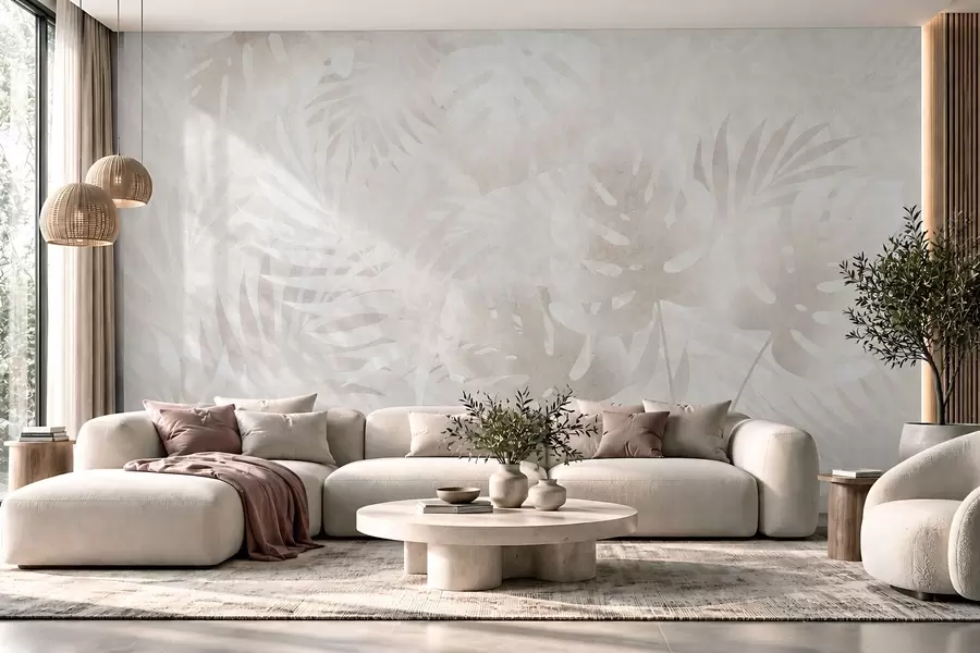 wall murals Тропско лишће са гранџ ефектом у прашкастим беж тоновима w10080