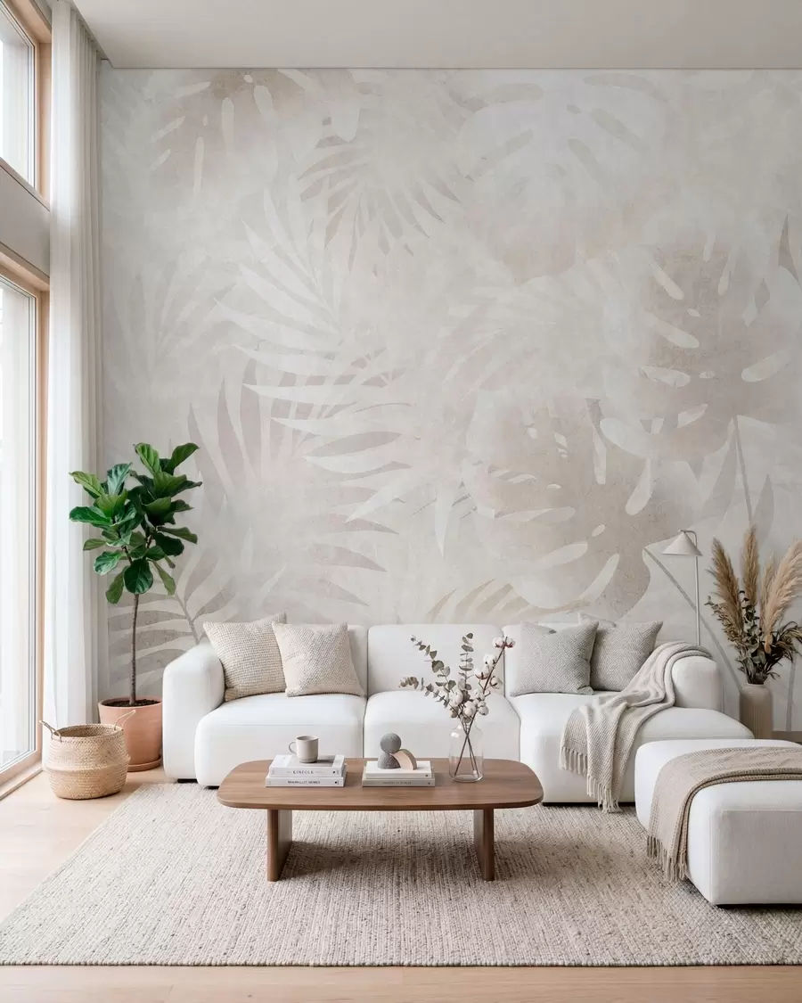 wall murals Тропско лишће са гранџ ефектом у прашкастим беж тоновима w10080
