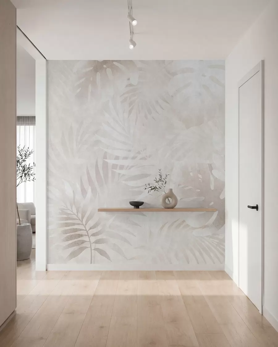 wall murals Тропско лишће са гранџ ефектом у прашкастим беж тоновима w10080