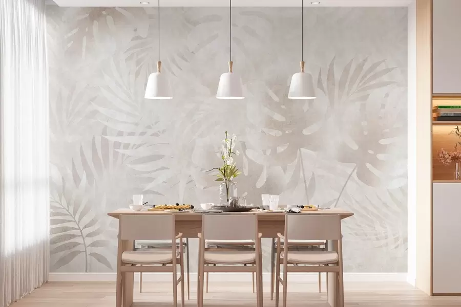 wall murals Тропско лишће са гранџ ефектом у прашкастим беж тоновима w10080