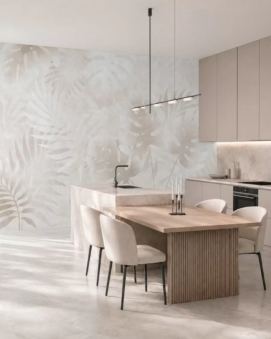 wall murals Тропско лишће са гранџ ефектом у прашкастим беж тоновима w10080