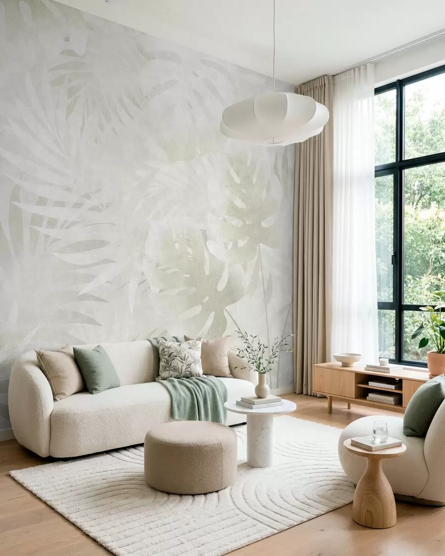 wall murals Тропско лишће са гранџ ефектом у неутралним беж тоновима w10080v1