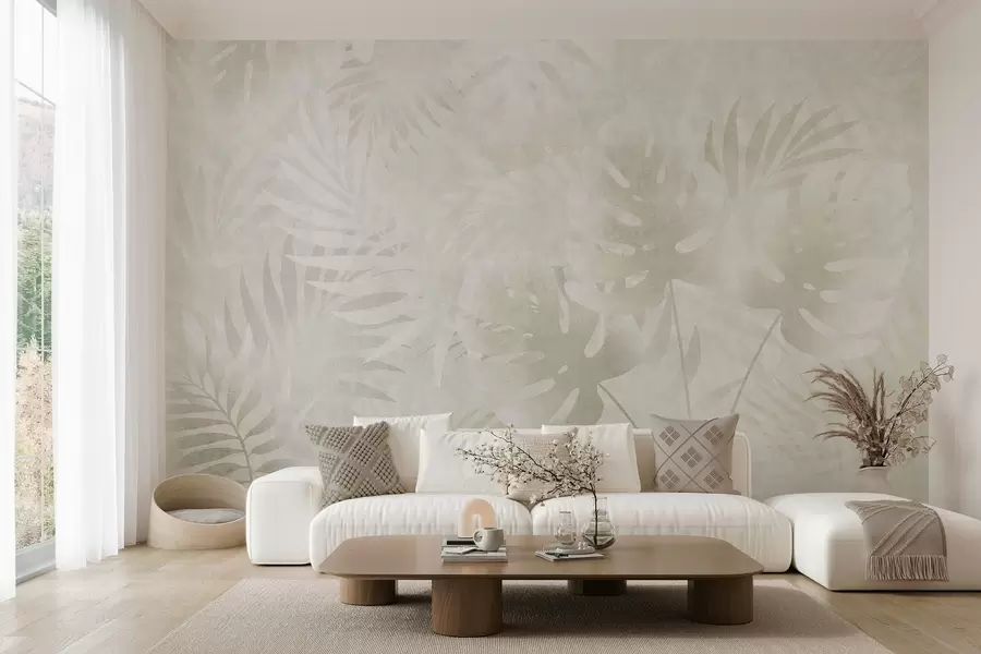 wall murals Тропско лишће са гранџ ефектом у неутралним беж тоновима w10080v1