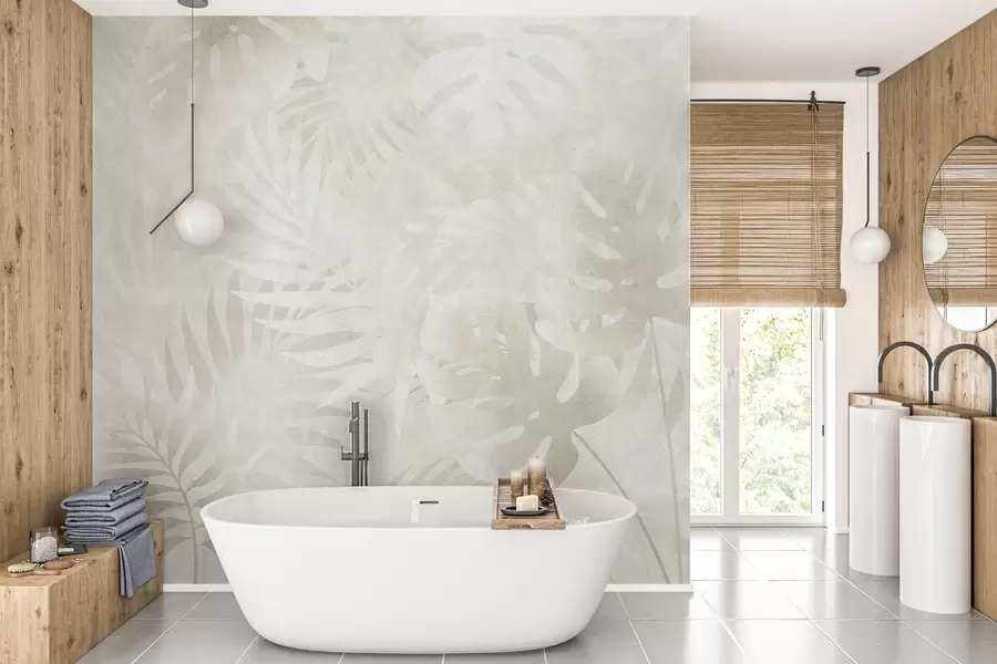 wall murals Тропско лишће са гранџ ефектом у неутралним беж тоновима w10080v1