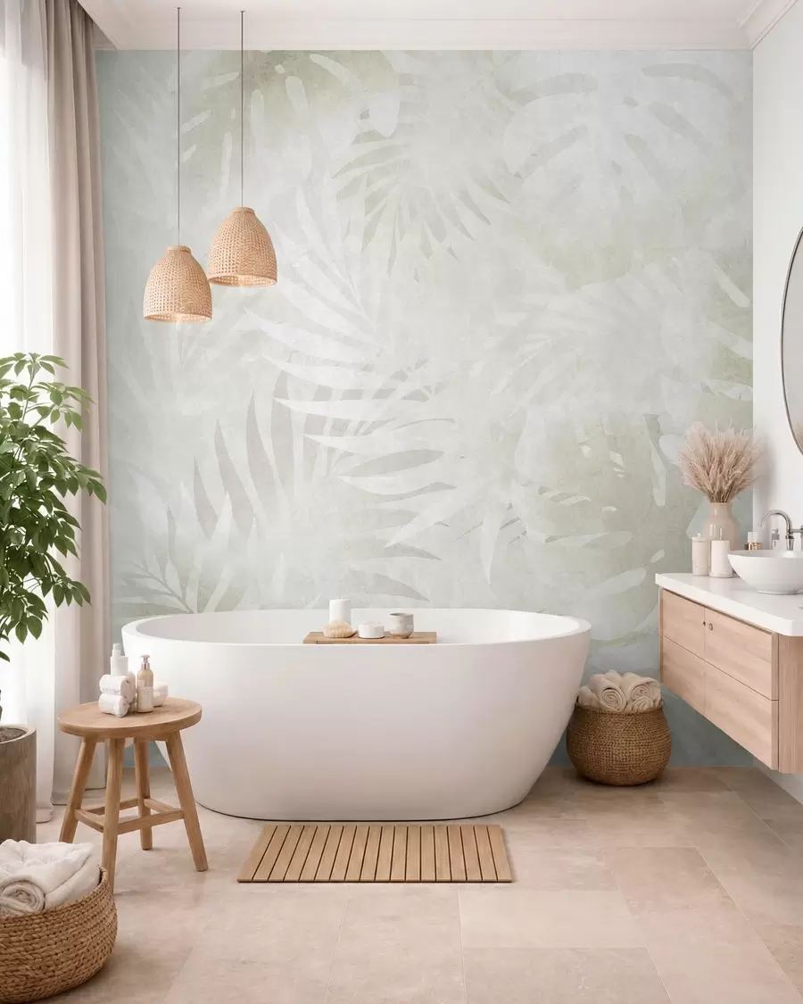 wall murals Тропско лишће са гранџ ефектом у неутралним беж тоновима w10080v1