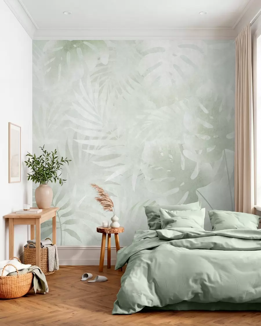 wall murals Тропско лишће са гранџ ефектом у нијансама зелене w10080v2